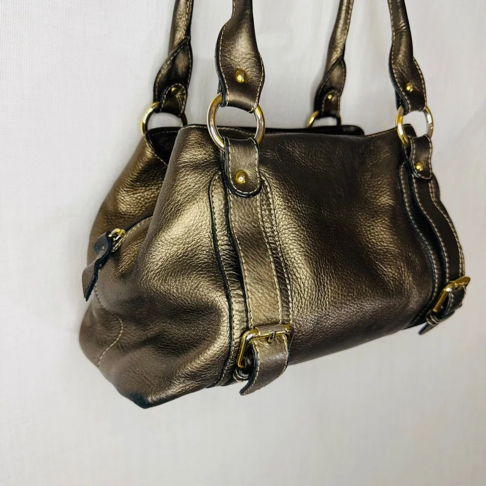 Metallic Bronze Pebbled Leather Shoulder Bag Satchel Gold Hardware Triple Pocket